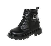 Girls Ankle Boots Round Toe Riding School Boot with Buckle Winter Lace Up Booties Side Zipper Walking Shoes Warm Chunky Heels Round Toe Casual Footwear Black Size UK 11.5