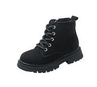 Girls Ankle Boots with Side Zipper, Kids Faux Suede Lace Up Booties Round Toe Chunky Heels Walking Shoes Lace Up Combat School Boot Winter Warm Footwear Black Size UK 8