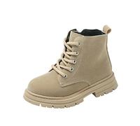 Girls Ankle Boots with Side Zipper, Kids Faux Suede Lace Up Booties Round Toe Chunky Heels Walking Shoes Lace Up Combat School Boot Winter Warm Footwear Khaki Size UK 2