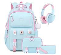 Girls Backpack & Headphones Set, Backpack for Girls with Lunch Box Foldable Kids Headphones & Pencil Case, Kawaii Bookbag for Teen Girl Elementary Middle School Bag with Cute Pins, Aquamarine-Pink