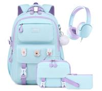 Girls Backpack & Headphones Set, Backpack for Girls with Lunch Box Foldable Kids Headphones & Pencil Case, Kawaii Bookbag for Teen Girl Elementary Middle School Bag with Cute Pins, Aquamarine-Purple
