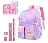 Girls Backpack School Bag with Stationery Set, Refrigerator Door Kids Toddler Rucksack Large Capacity Backpacks, Waterproof Lightweight Primary Book Bags for Teens 8-10 Years Old (Gradient Pink)