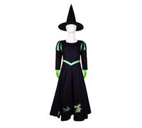 Girls Bad Witch Elphaba Costume with Black Pointed Hat, Green Witch Long Sleeve Dress Birthday Party Dress Up Halloween Cosplay Outfits for Kids