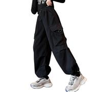 Girls Baggy Cargo Trousers, Elastic High Waist Straight Hip Hop Trousers Wide Leg Streetwear Pants Cargo Pants with Multi Pockets Aged 3-14 Years Black