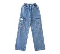 Girls Baggy Jeans Multi Pockets Ripped Vintage Denim Pants High Waist Elastic Stretchy Straight Pants Spring Trendy Girlfriend Jeans for Girls 00 Jeans for Teen Girls(A, 9-10 Years)