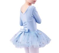 Girls Ballet Long Sleeve Leotards Fluffy Bow Tie Tutu Skirt Ballerina Dance Dress Outfits 2025 New,Blue,160