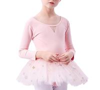 Girls Ballet Long Sleeve Leotards Fluffy Bow Tie Tutu Skirt Ballerina Dance Dress Outfits 2025 New,Pink,130