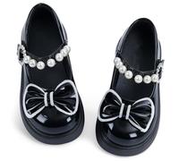 Girls' Ballet Princess Flats with Pearls and Bow Soft Sole Mary Jane Flats Princess Dress Shoes for Wedding School Party Girls' Ballet Dance Shoes Black 8 UK Child