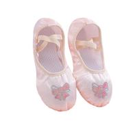 Girls Ballet Shoes Bow Flower Print Breathable Lightweight Shoes Elastic Strap Solid Color Soft Soled Footwear Split Sole Flat Gymnastics Dancing Ballet Footwear Beige