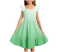 Girls Beach Tiered Dress Gradient Ruffle Fly Sleeve Smocked Dresses Swing Square Neck Ruched Waist A-Line Party Sundress Summer Casual Fashion Boho Holidays Clothing (Green, 13-14 Years)