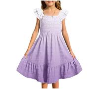 Girls Beach Tiered Dress Gradient Ruffle Fly Sleeve Smocked Dresses Swing Square Neck Ruched Waist A-Line Party Sundress Summer Casual Fashion Boho Holidays Clothing (Purple, 7-8 Years)