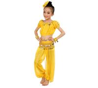 Girls Belly Dance Costume 2 Piece Set Indian Bollywood Performance Outfit Kids Top and Pants Arabian Nights Fancy Dress School Stage Show Bellydancer Clothes Multiple Colors (Yellow, 10-11 Years)