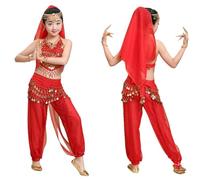 Girls Belly Dance Costume Set with Waist Chain Jewelry for Halloween Party Performance Carnival Outfit (Red, 7-10years)