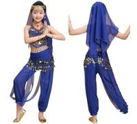 Girls Belly Dance Costume Set with Waist Chain Jewelry for Halloween Party Performance Carnival Outfit (Blue, XXXXL)