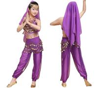 Girls Belly Dance Costume Set with Waist Chain Jewelry for Halloween Party Performance Carnival Outfit (Dark Purple, 11-12years)
