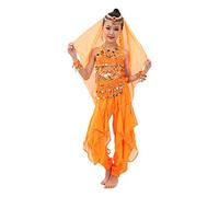 Girls Belly Dance os ume Set with Sequin Halter Top, Tassel Pants, Head Vei & Waist Chain | Kids Princess Outfit for Party Performance (Orange, 7-10 Years)