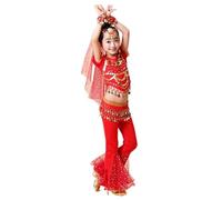 Girls Belly Dance Outfit 2026 Kids Stage Performance Indian Dance Dress Ethnic Practice Ensemble for Dance Recitals (Red, 7-8 Years)