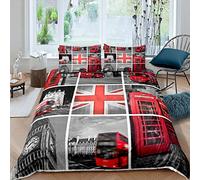 Girls Big Ben Comforter Cover for Kids Women Men Red Gray London UK Theme Bedding Set Famous Telephone Booth Duvet Cover Retro England Bus Bedspread Cover Room Decor Bedclothes King Size
