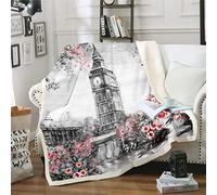 Girls Big Ben Fleece Blanket Red Rose Floral Print Sherpa Blanket for Sofa Couch Retro Gray UK Theme Plush Throw Blanket England London Cityscape Fuzzy Blanket Room Decor Single 50"x60"