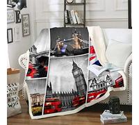 Girls Big Ben Plush Throw Blanket Red Telephone Booth Fleece Blanket for Couch Sofa Gray UK Theme Sherpa Blanket England Cityscape London Bridge Decor Fuzzy Blanket Single 50"x60"