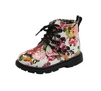 Girls Biker Lace Up Zip Ankle Boots, Stylish Floral Warm School Shoes Kids Winter Riding Boots Flat Heels Walking Booties Fall Casual Footwear White Size UK 8