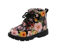 Girls Biker Lace Up Zip Ankle Boots, Stylish Floral Warm School Shoes Kids Winter Riding Boots Flat Heels Walking Booties Fall Casual Footwear Black Size UK 9
