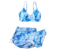 Girls' Bikini Set 3-Piece Spaghetti Strap Elasticated Swimtop Side Drawstring Floral Printed Bottoms Skirt and Swimming Triangle Children's Fast Dry Swimsuits Beach Swimming Costume