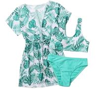 Girls' Bikini Set Beach Summer Swimwear Bikini Set UPF UV Sun Protection Swimwear Set Swimsuits 3 Pieces Swimsuit, Green leaf, 8-10 Years