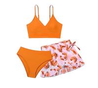 Girls Bikini Sets 3 Pieces Teen Swimming Costume Adjustable Spaghetti Strap Bikini Top High Waisted Breathable Swimming Bottoms with Floral Cover Up Skirt Beach Swimsuits Swimwear Bathing Suit