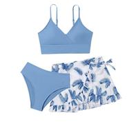 Girls Bikini Sets 3 Pieces Teen Swimming Costume Adjustable Spaghetti Strap Bikini Top High Waisted Breathable Swimming Bottoms with Floral Cover Up Skirt Beach Swimsuits Swimwear Bathing Suit