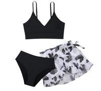 Girls Bikini Sets 3 Pieces Teen Swimming Costume Adjustable Spaghetti Strap Bikini Top High Waisted Breathable Swimming Bottoms with Floral Cover Up Skirt Beach Swimsuits Swimwear Bathing Suit