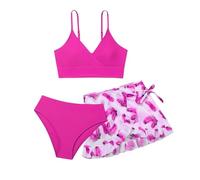 Girls Bikini Sets 3 Pieces Teen Swimming Costume Adjustable Spaghetti Strap Bikini Top High Waisted Breathable Swimming Bottoms with Floral Cover Up Skirt Beach Swimsuits Swimwear Bathing Suit
