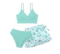 Girls Bikini Sets 3 Pieces Teen Swimming Costume Adjustable Spaghetti Strap Bikini Top High Waisted Breathable Swimming Bottoms with Floral Cover Up Skirt Beach Swimsuits Swimwear Bathing Suit