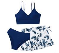 Girls Bikini Sets 3 Pieces Teen Swimming Costume Adjustable Spaghetti Strap Bikini Top High Waisted Breathable Swimming Bottoms with Floral Cover Up Skirt Beach Swimsuits Swimwear Bathing Suit