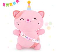 Girls Birthday Gift Plush Cat Stuffed Cat Plush Happy Birthday to Girl Plush Toy Stuffed Animal Hugging Pillow for Girls Ladies Cushion Pillows Soft Cuddly Toy Celebration Party Decor Present 13.7in