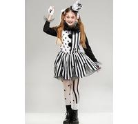 Girls Black and White Terrifier Style Killer Clown Kids Halloween Costume | Includes Dress with Collar Hat and Tights, Halloween Fancy Dress, Childrens and Teen Size Scary Clown Girl