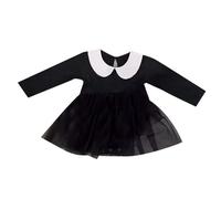 Girls' Black Dress with White Peter Pan Collar, Long Sleeve | black fabric with white contrast collar, long sleeves, A-line skirt with mesh overlay, back button closure, Halloween or