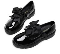Girls Black Patent Mary Jane School Shoes Detachable Bow Kids Uniform Flats | Lightweight synthetic upper, foam-cushioned insole, anti-slip rubber sole and adjustable Velcro strap for back-to-school wear