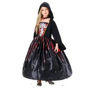 Girls Black White Bones Costume Halloween Costume Medieval Gothic Vintage Vampire Hooded Robe Witch Dress Fancy Dress with Necklace Cosplay Themed Party Halloween Dress Up Age (Black, 12-14 Years)