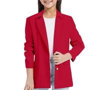 Girls Blazer Jacket Solid Color Lapel Suit Coat Open Front with Inner Pocket Button Down Long Sleeve BlazersO Casual Kids Jacket Girls Party Outfits Performances (b-Red, 9-10 Years)