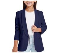 Girls Blazer Jacket Solid Color Lapel Suit Coat Open Front with Inner Pocket Button Down Long Sleeve BlazersO Casual Kids Jacket Girls Party Outfits Performances (Navy, 7-8 Years)