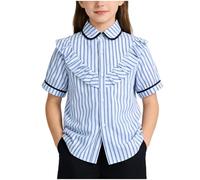 Girls Blouses Blue & White Striped Ruffled Collar Shirts Short Sleeves Button Up Tops Breathable Comfy Tshirts Back-to-School Daily & After-Class Club Activities Light Blue 11 Years