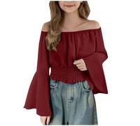 Girls' Blouses Flared Lantern Sleeve Tshirts 7 Years, Kids Stylish Off the Shoulder Tunic Tops Pleated Ruched Y2K Streetwear Party Festival Prom Preppy Clothes Wine