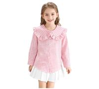 Girls Blouses Gingham Check Large Ruffled Peter Pan Collar Shirts with Button Up Lightweight Comfy Long Sleeve Top Back to School Spring Casual Wear Trendy Pink 8 Years