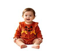 Girls Bodysuits Halloween Pumpkin Print Long Sleeve Bodysuit with Ribbon Bow Triangle Snap Closure Soft Infant Pajama Style for Crawling Everyday Play (Red, 12-18 Months)
