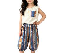 Girls Bohemian Summer 2 Piece Printed Outfit Set, Embroidered Mesh Sleeveless Cami Tank, Relaxed Hippie Harem Jogger Trousers, Light Stylish Separates for Casual Outdoor Days(Blue, 9-10 Years)