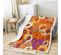 Girls Boho Floral Plush Bed Blanket Hippie Flower Power Sherpa Blanket Throw 50"X60" Groovy Botanical Throw Blanket For Adults Women Retro 60S 70S Fuzzy Blanket For Bed Sofa Couch Colorful