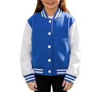 Girls Bomber Varsity Jackets School Baseball Jacket Kids Button Front Spring Coat Boys Cropped Cotton Baseball Uniform Long Sleeve Casual Outwear (Blue, 5-6 Years)
