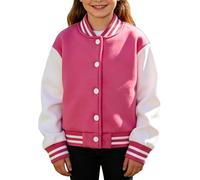 Girls Bomber Varsity Jackets School Baseball Jacket Kids Button Front Spring Coat Boys Cropped Cotton Baseball Uniform Long Sleeve Casual Outwear (Hot Pink, 13-14 Years)