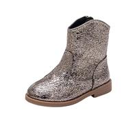 Girls Boots Chunky Heel Mid Heel Short Boots Girls Border Large Size Glitter Sequins Round Head Chunky Wide Fit Wedge Shoes for Party Show Stage Disco Fancy Dress Festival Grey